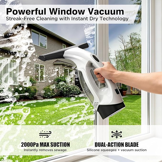 Window Vacuum Squeegee Cordless, 2000Pa Electric Window Cleaner Tool with 2200mAh & 150ml Water Collection Tank, Window Cleaning Kit Shower Squeegee for Glass Doors, Windows, Mirrors, Car (White)