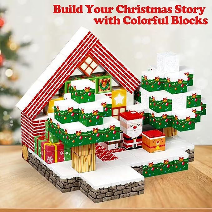 Magnetic Blocks,100 PCS Build Magnetic Santa Chimney Xmas Tree Gift World, STEM Construction Magnetic Cube for Boys Girls Age 3 4 5 6 7 8 9 10,Sensory Stacking Toy Christmas Birthday Gifts for Kids