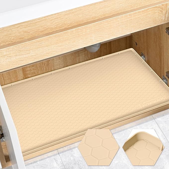 Waterproof Under Sink Mat 22" x 19", Silicone Cabinet Liner, Rubber Protector for Kitchen and Bathroom, Keeps Cabinets Clean, Dry, and Organized (Beige)