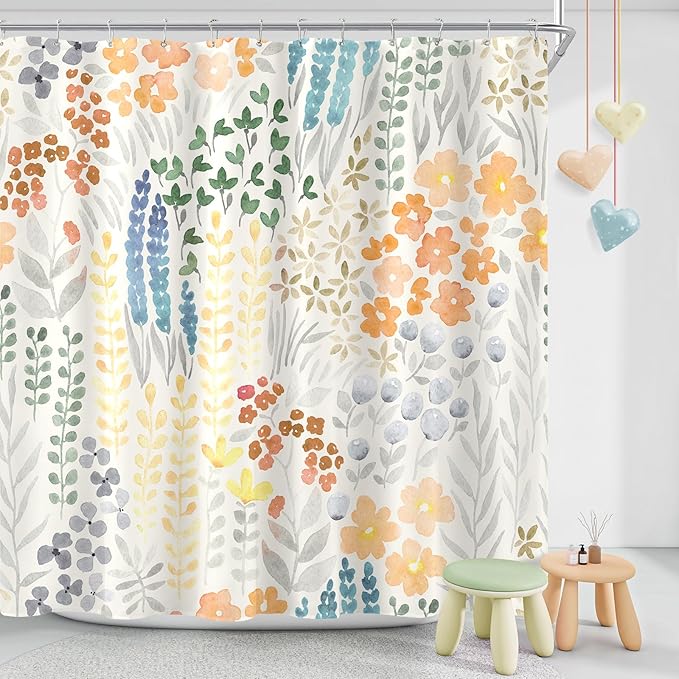 Cute Floral Shower Curtain, Orange Yellow Boho Flower Fabric Shower Curtain, Funky Watercolor Wildflower Shower Curtain Set, Cottagecore Bohemian Bathroom Decor, 72x72