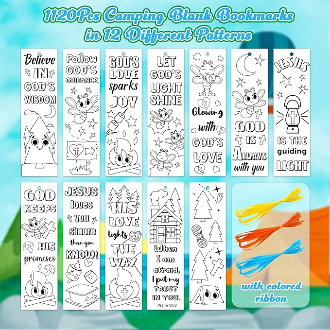 Camp Color Your Own Bookmarks for Kids - 120Pcs Religious Theme DIY Coloring Blank Bookmark Classroom Art Craft Supplies for Teachers Students VBS Back to School Camping Party Reward Goodie Fillers