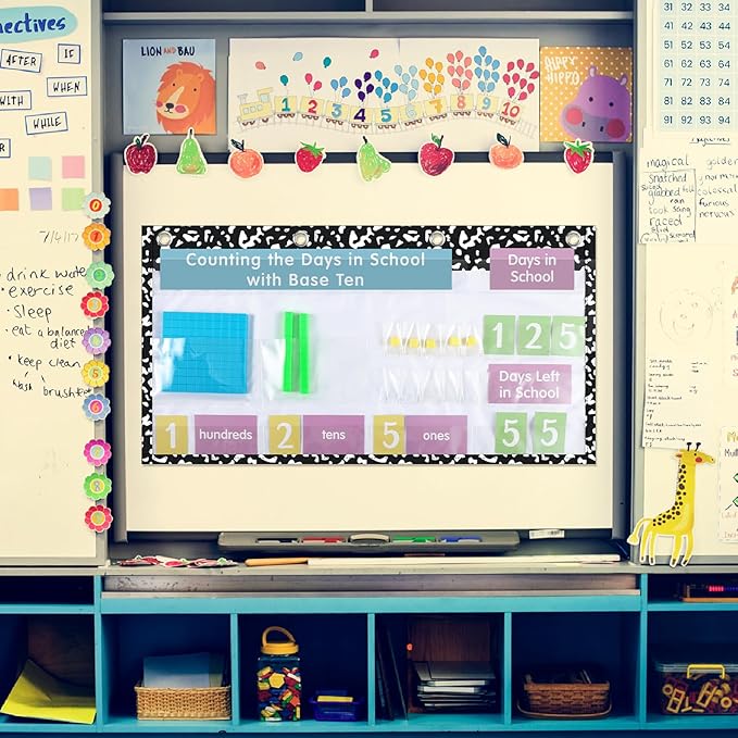 Back to School Counting The Days with Base Ten Pocket Chart Place Value, Counting Caddie Pocket Chart for Classroom Bulletin Board School or Home Decor, 4 Hooks(Black,Composition Notebook)