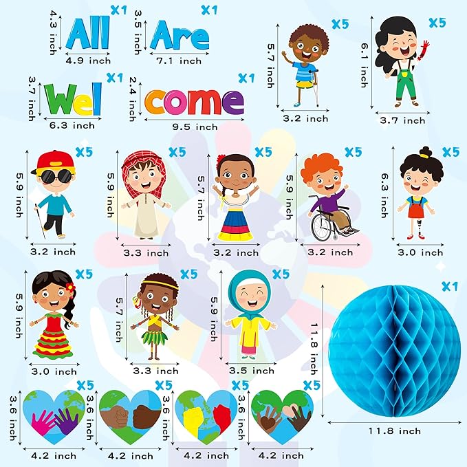 BeYumi 75PCS Student Diversity Bulletin Board Set All are Welcome Hearts Cutouts Earth Honeycomb Inclusion Multicultural Bulletin Board Back to School Equality One World Classroom Door Decoration