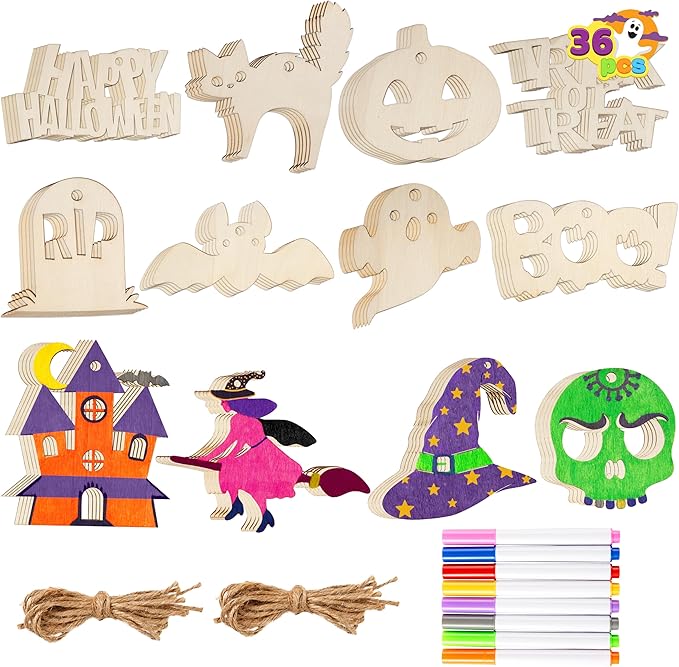 JOYIN 36 Pcs Halloween Craft Wooden Painting Kit, Halloween Party Supplies, Party Favors for Kids, Wood Blank Cutouts Ornaments, Gift Tags Decor for School Art DIY Activities Goodies Games(Age 8+)