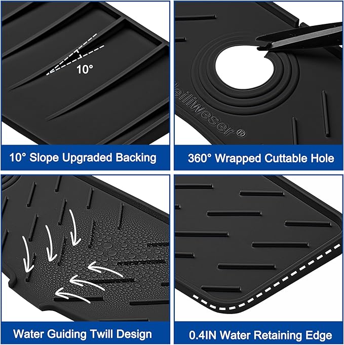 Meiliweser Faucet Mat for Kitchen Sink – 24” x 5.1” Extra-Long Silicone Splash Guard with 10° Slope & Upgraded Drainage – Gen 3 Sink Water Catcher & Sponge Holder for Kitchen, Bathroom (Black)