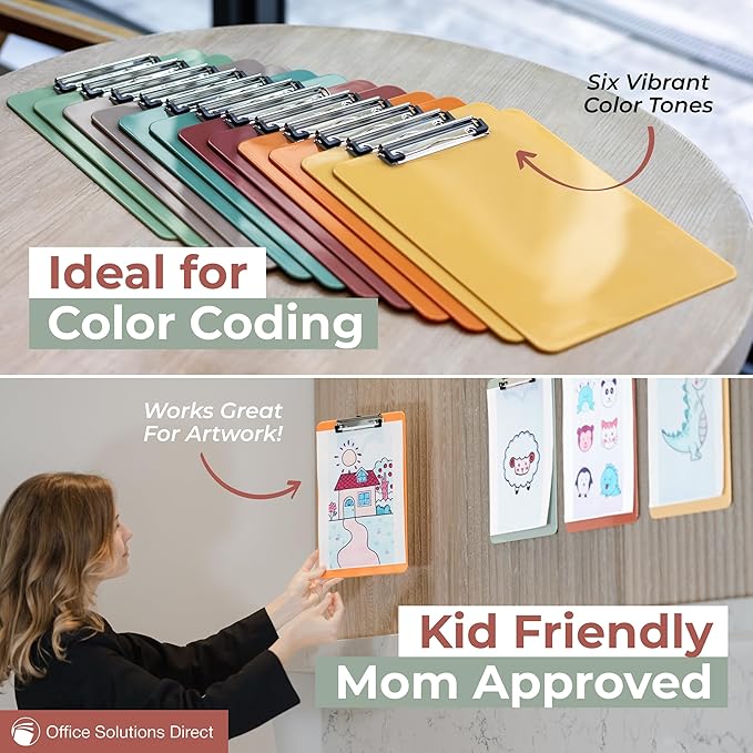 Clipboards – Set of 12 Plastic Clip Boards 8.5x11 Bulk | Colored Acrylic Clipboards for Classroom, Boho Classroom Decor, Teacher Supplies | Cute Clip Board for Kids, Office, Coaching, Medical, School
