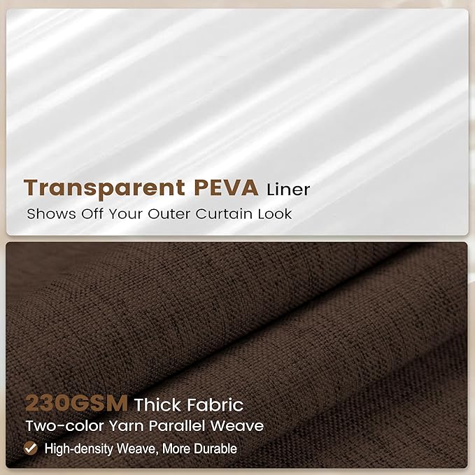 BTTN Brown 3 in 1 Shower Curtains with Clear Liner, Linen Textured Decorative Cloth Shower Curtain PEVA Liner Set with Plastic Hook, Modern Hotel Luxury Waterproof Shower Curtain for Bathroom, 72x72