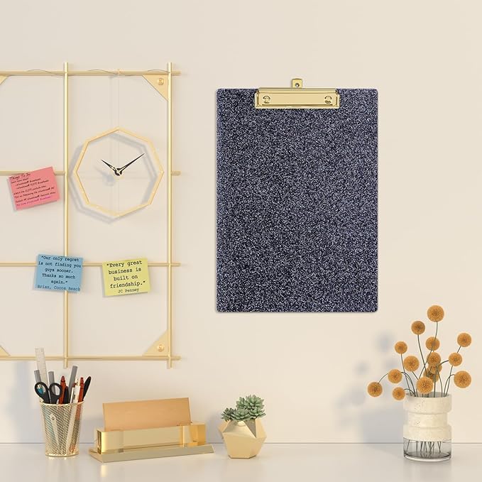Piasoenc Acrylic Clipboards, Fashion Glitter Clip Board with Low Profile Gold Clip, Designed for Classroom School and Office Use, A4 Letter Size 9 x 12.5 in,Black