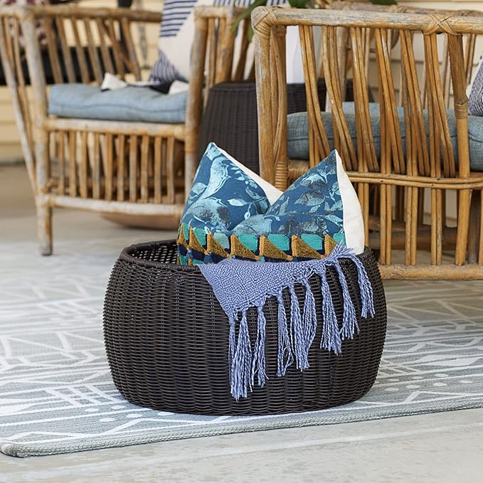 Household Essentials Handwoven Resin Storage Stool Ottoman, 16" Dia. x 9" H, Brown