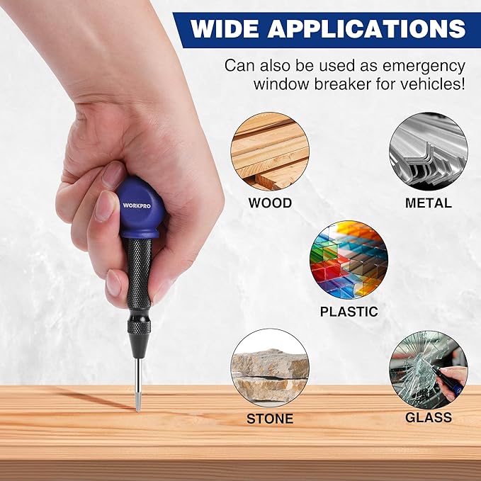 WORKPRO 5" Automatic Center Punch for Metal, Adjustable Spring Loaded Center Punch with Cushion Cap, Metal Punch Tool, Center Hole Punch for Wood, Metal, Plastic