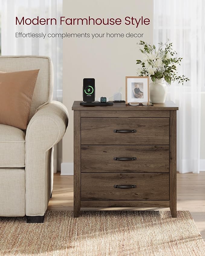 VASAGLE LIRY Collection - Farmhouse Nightstand with Charging Station, Set of 2, Bedside Tables, Side End Tables with 3 Drawers, for Bedroom, Taupe Brown ULET979T01