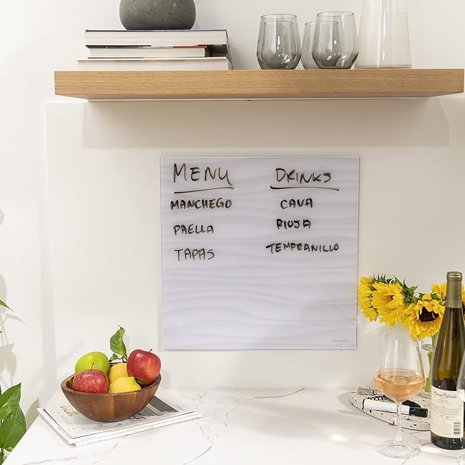 ECR4KIDS MessageStor Magnetic Dry-Erase Glass Board with Magnets, 17.5in x 17.5in, Wall-Mounted Whiteboard, White Waves, 2-Pack