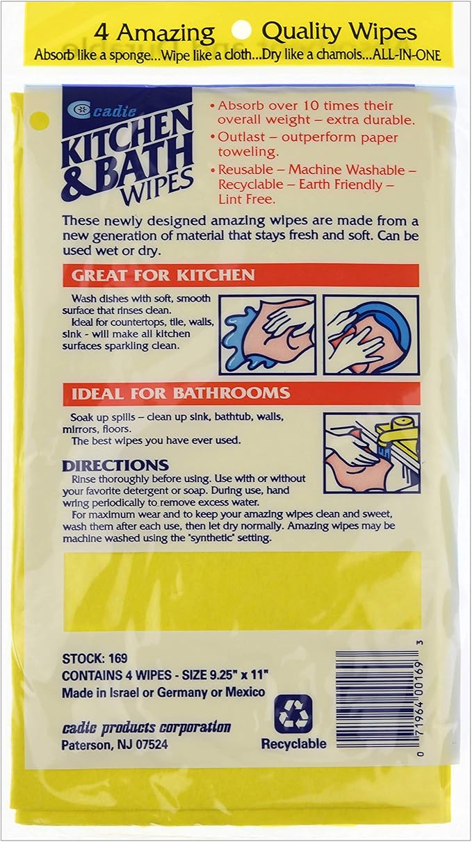 Cadie Kitchen and Bath Amazing Wipes - Absorbent and Reusable Cloth for Washing, Drying, Wiping in The Bathroom or Cuisine Surfaces | Cleaning Sink, Tiles, Bathtub, Walls, Mirror or Floors | 3-Pack