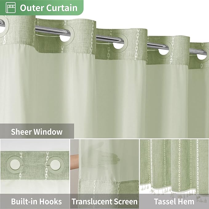 Sage Green Farmhouse No Hook Shower Curtain Set with Snap-in Fabric Liner,Boho Heavy-Duty Linen Textured Rustic Striped Design,Water-Repellent with Tassels and Sheer Window,71x74