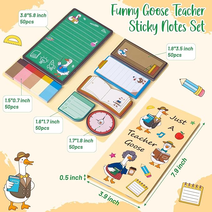 B1ykin Cute Sticky Notes Set - Just A Teacher Goose Self-Stick Notes Pad, 550 Sheets Writing Memo Pages Sticky Notepad for Appreciation Gifts, School Office Party Supplies (Goose Teacher)