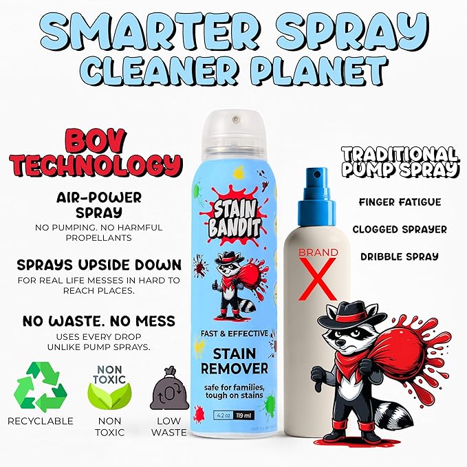 Stain Remover Spray - Non-Toxic, Family Safe Formula - Bag-On-Valve 360 Continuous Spray - Powerful Natural Cleaner for Clothes, Upholstery, Carpet, Car Seats & More - 4.2 oz (Pack of 3)
