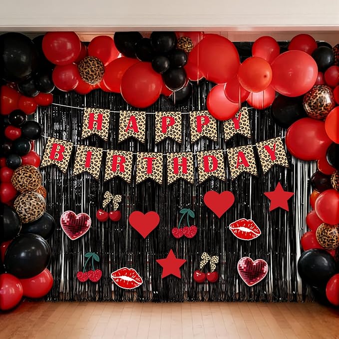 Epakh 39 Pcs Cheetah Cherry Birthday Party Decorations Includes 24 Pieces Paper Cards Decor 13 Pcs Happy Birthday Banner 2 Foil Fringe Curtain Backdrop for Photo Prop Themed Party Supplies