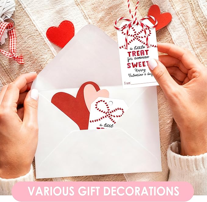 3.5 x 2.1 in Valentines Day Gift Sticker Tags - 50Pcs A Little Treat Happy Valentine Tags with String, Gift Label Idea Valentines Activity School Classroom Party Favors