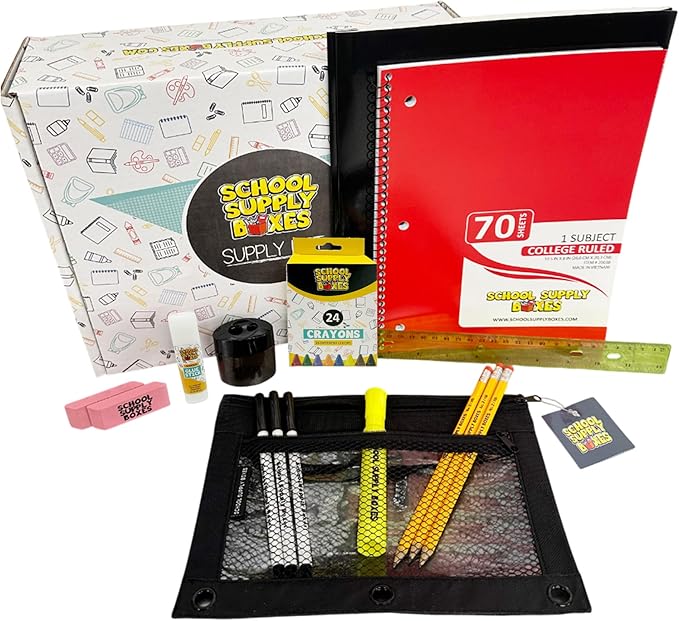 School Supply Boxes | Budget Saver Pallet (180 Boxes) | Back to School Essentials Kit for Students & Teachers | Includes Spiral Notebook, Crayons, Pens, Pencils, Glue & More