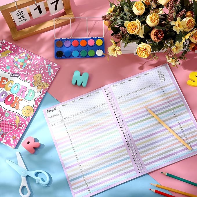 Fuyoooo Teacher Record Book Teacher Grade Book 2026-2027 Spiral Bound Pink Record Class Planner 2026 Gradebook Office Favors for Classroom Attendance Supplies Double Sided Printing