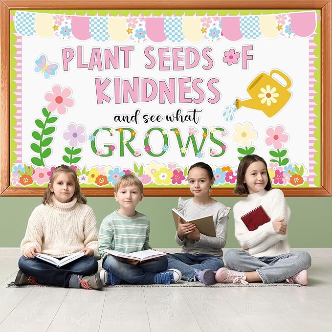 Spring Floral Bulletin Board Set Plant Kindness Colorful Flower Paper Cutouts Motivational Plants Classroom Decoration for Summer Wall Door Decor Kindergarten Back to School Supply