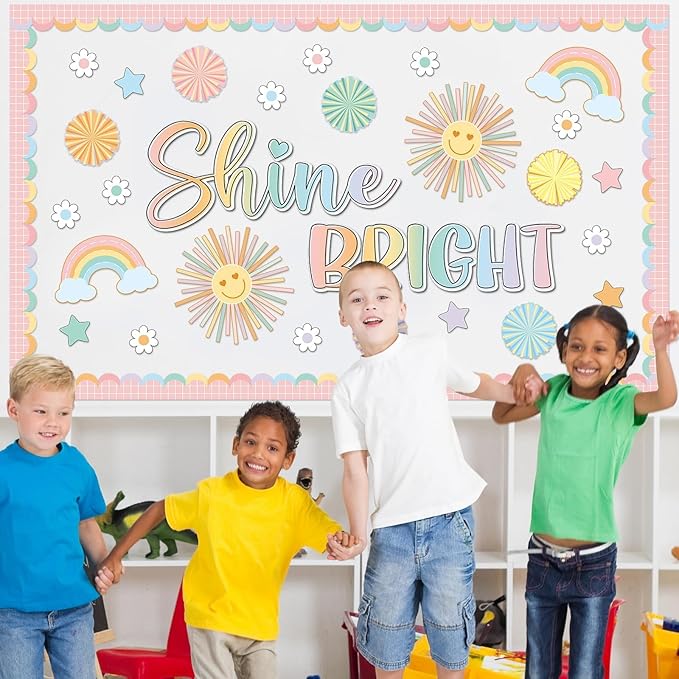 Boho Shine Bright Bulletin Board Set Summer Pastel Sun Classroom Decorations Colorful Rainbow Flowers Paper Cutouts for Teacher Supplies Back to School Nursery Chalkboard Home Office Wall Door Decor