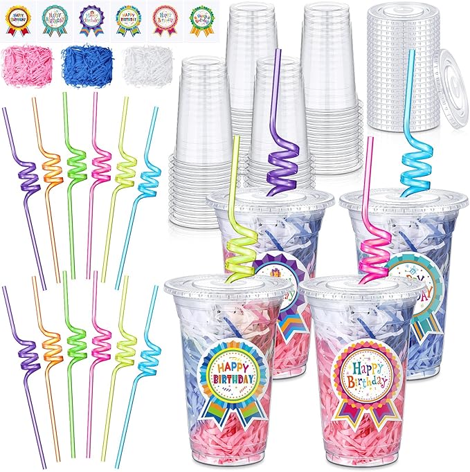 Qinyoung 24 Set Creative Happy Birthday Gifts from Teacher Students Birthday Cups with Lids Colorful Straws Stickers and Raffia Disposable Plastic Cups for Reward Kids Prize Classroom Party Supplies