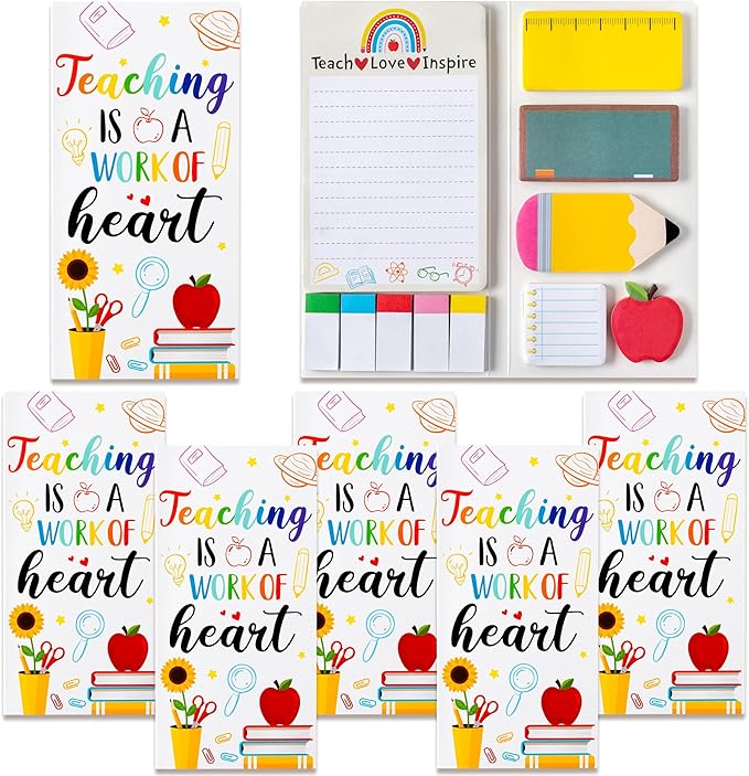 Xqumoi 5 Pack Teaching is A Work of Heart Sticky Notes Set - Ruler Blackboard Pencil Apple Shape Self-Stick Note Pads Teacher Appreciation Gift Writing Memo Pads Page Marker School Office Supplies