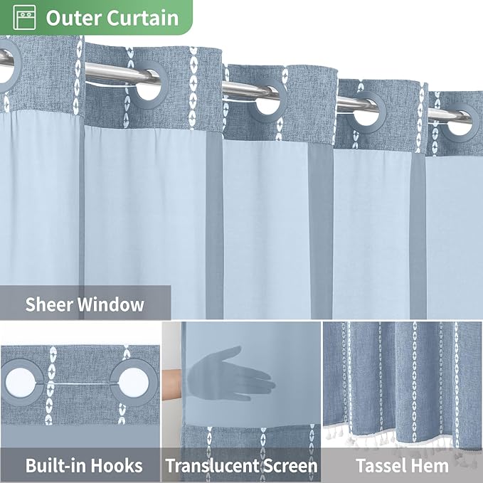 Boho Farmhouse No Hook Shower Curtain Set with Snap-in Fabric Liner,Heavy-Duty Linen Textured Rustic Striped Design,Water-Repellent with Tassels and Sheer Window,Blue,71x74