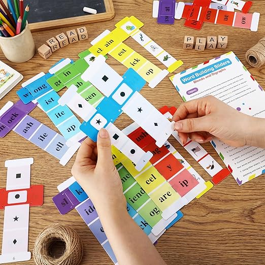 27 Pcs Word Vocabulary Building Sliders with Instruction Card Consonant Blends and Digraphs Phonics Manipulatives Along with VCV Teaching Colorful ELA Learning Essentials to Build Sentences
