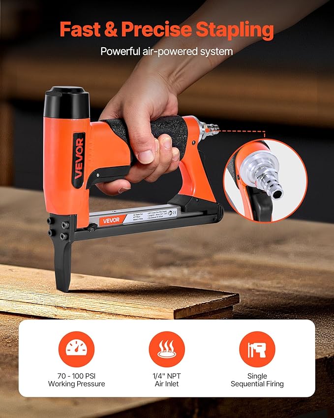 VEVOR Pneumatic Staple Gun, 22 Gauge Long-Nose Upholstery Stapler for 71 Series Fine Wire Staples 3/8-inch Crown 1/4"-5/8" Length, Max 180PCS Loading Air Staple Gun for Upholstering, Woodworking, DIY