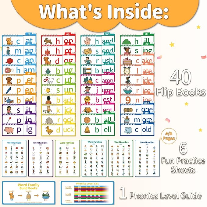 Phonics Flash Cards Word Family Build Book, 40 Read & Rhyme Flip Books, Learn to Read for Kids Ages 4-8, Engaging Educational Tools for Preschool-Kindergarten, Fun Sight Words & Phonics Games