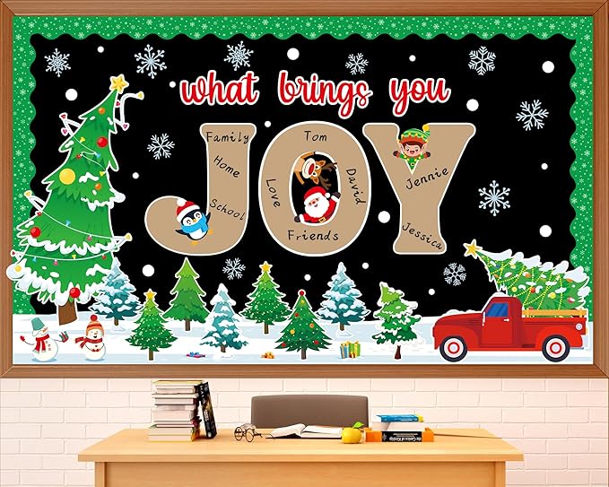 Christmas Winter Bulletin Board Set What Brings You Joy Bulletin Board Classroom Decorations Xmas Tree Snowflake Reindeer Paper Cutouts for Xmas Holiday Classroom School Blackboard Wall Door Decor