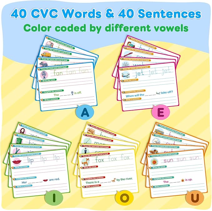 CVC Word Games Sentence Building for Kids, Handwriting Practice Sight Words Writing Tracing Phonics Flash Cards, Pre k Preschool Kindergarten Learning Activities Homeschool Special Education