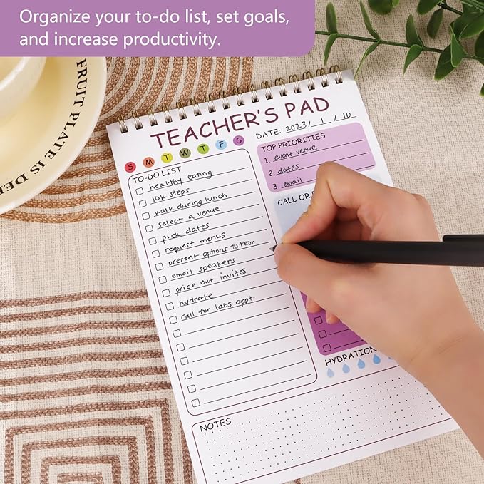 Teacher To Do List Notepad, 8.3x5.8 Inch Teacher Notepad, Spiral Checklist Notebook for Class Schedules, Daily Planner, School Tasks and Goal Setting (Purple)