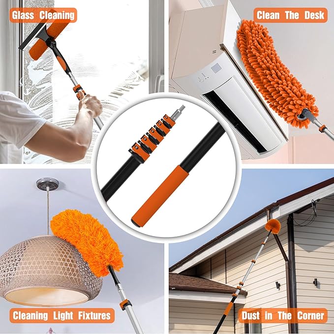 30FT High Ceiling Duster Kits with 5-24FT Telescoping Extension Pole - Fan Blade Cleaner, Cobweb Remover & Window Cleaning Kit, Washable Dust Brush for High Roof and Glass Surfaces