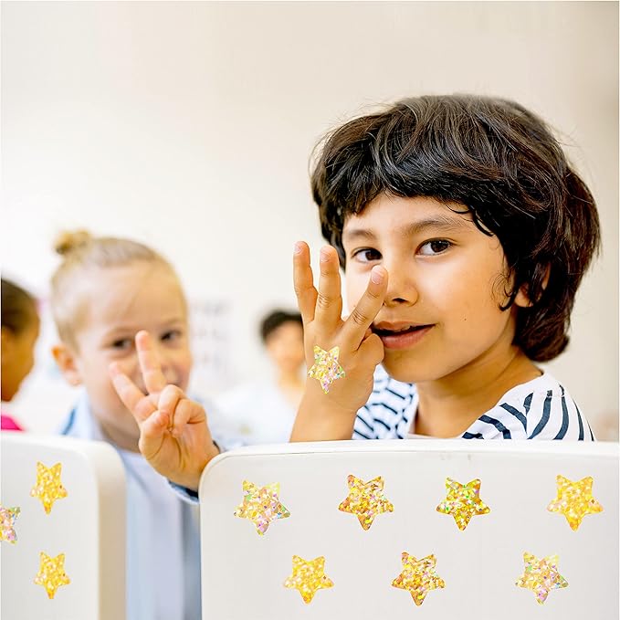 500 PCS Holographic Glitter Star Stickers, Self-Adhesive Metallic Golden Foil Reflective Sparkly Star Stickers - Reward Behavior Chart Labels for Kids, Students & Teachers (Each Measures 1")