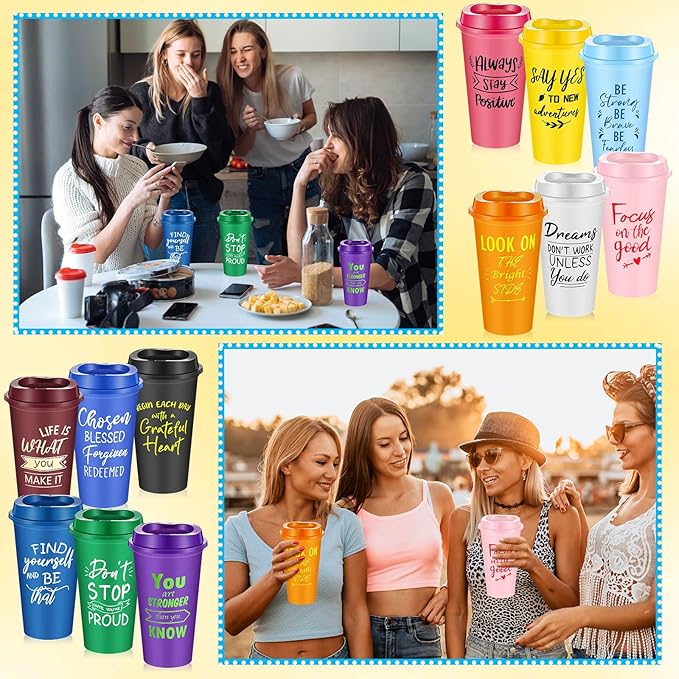 12 Pcs Inspirational Gifts for Employee Coworkers Staff Teammate, 16oz Reusable Plastic Coffee Cups with Positive Sayings, Bundle Gifts for Woman Man Coworker (Bright Color,Inspirational)