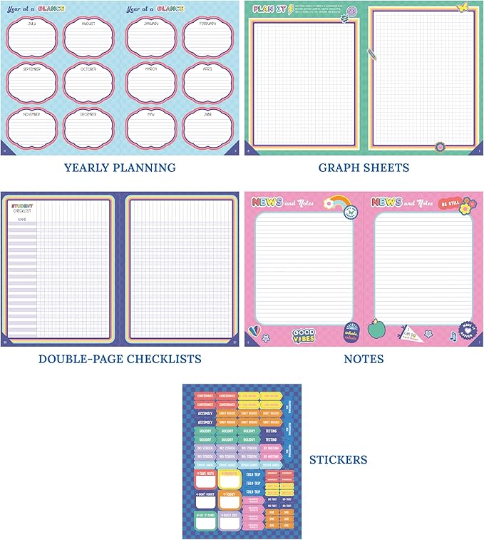 Carson Dellosa We Stick Together Teacher Planner 2025-2026, Undated 8" x 11" Lesson Plan Book With Retro Stickers, Class Schedule, Weekly Calendar, Homeschool and School Supplies, Classroom Must Haves