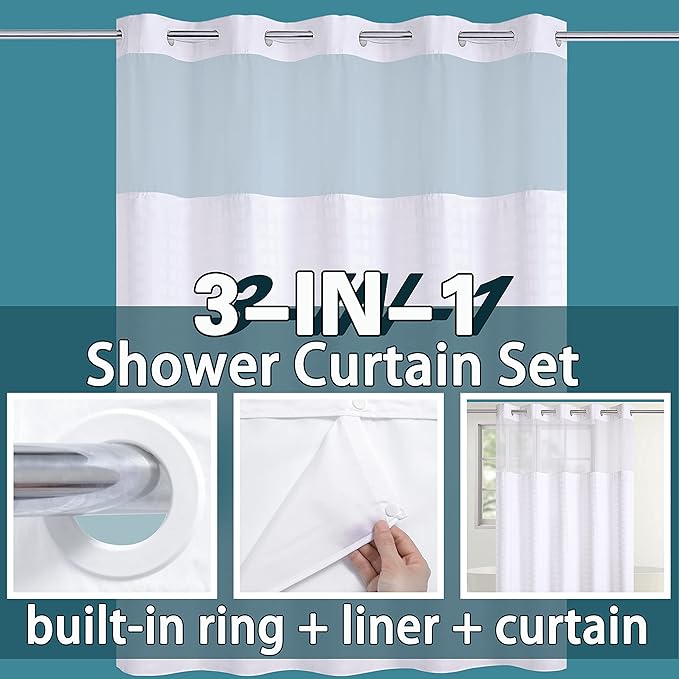 Conbo Mio Extra Wide No Hook Shower Curtain with Snap in Liner Set, 108" x 74" Hotel Luxury White Shower Curtains for Bathroom with See Through Top Window, Waterproof, Washable 108W x 74H