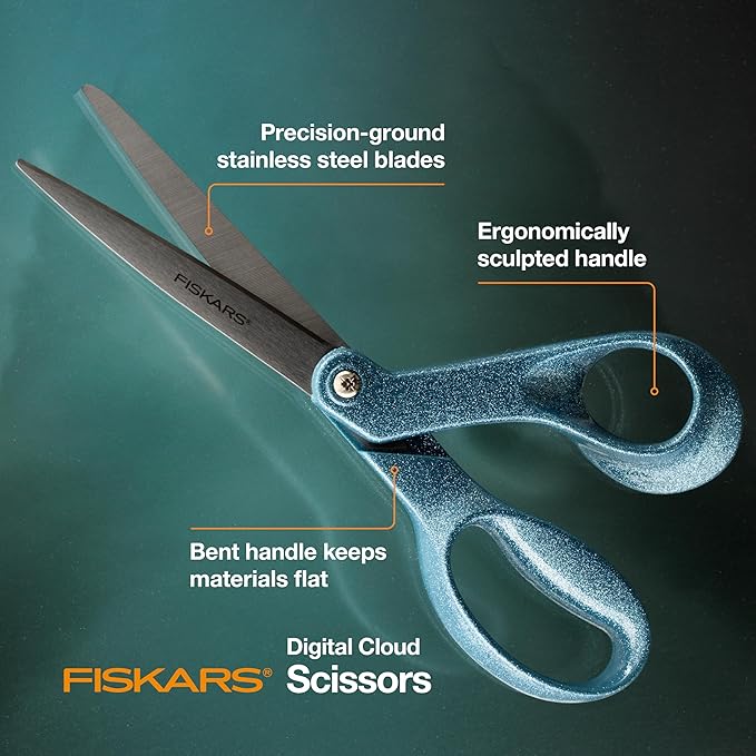Fiskars Explore Scissors, Design Collection, Glitter Digital Cloud, 8 Inches