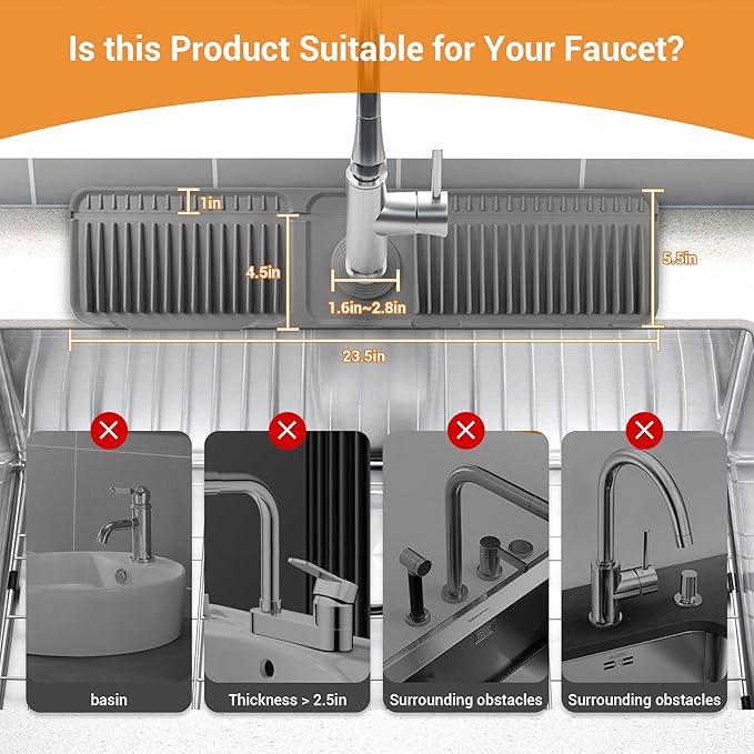 Faucet Mat for Kitchen Sink, 24"X5.5" Silicone Sink Splash Guard with Soap Holder, Snap-On Design & 7°slope Fast Drain, Folding Sink Faucet Mat for Universal Kitchen Bathroom Sink（Grey）