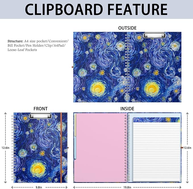 Rimilak Spiral Clipboard Folio with Refillable Lined Notepad, 14.5 x 9.8 In, Hardcover Cover with 5 Interior Pockets, Elastic Band and Pen Loop Series. Cute Stylish Clipfolio, Starry Sky