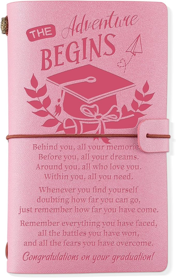 PRSTENLY Graduation Gifts Leather Journal, Graduation Gifts for Her Him 140 Page Refillable Journal, High School University College Graduation Gift Ideas for Women Men (Pink)