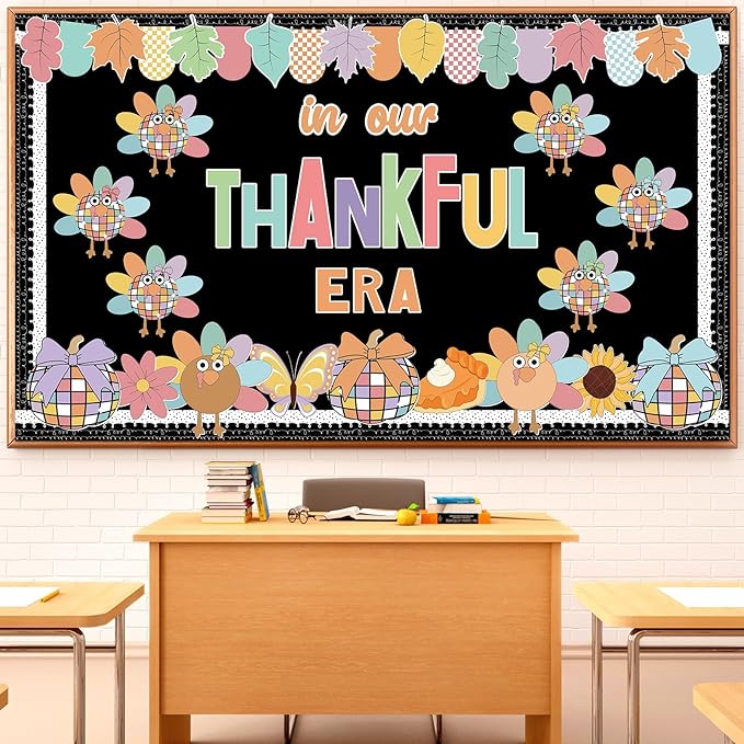 Fall Thanksgiving Turkey Bulletin Board for Classroom Decoration in Our Thankful Era Theme Bulletin Board Set Autumn Turkey Pumpkin Leaves Cutouts Fall Thanksgiving DIY Photo for Chalkboard Wall Decor