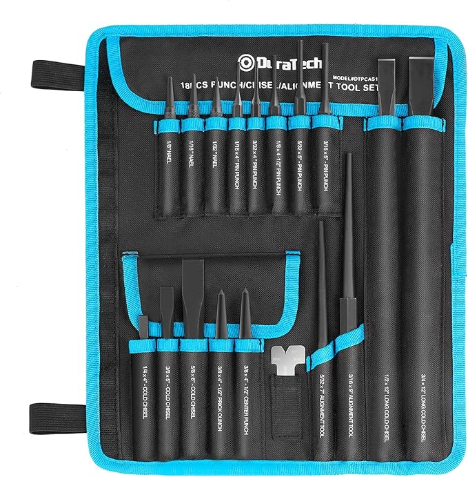 DURATECH 18 Piece Punch/Chisel/Alignment Tool Set, Including Pin, Center and Nail Punches, Alignment Tool, Cold Chisels, Chisel Gauge, with Rolling Pouch