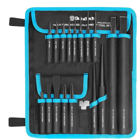 DURATECH 18 Piece Punch/Chisel/Alignment Tool Set, Including Pin, Center and Nail Punches, Alignment Tool, Cold Chisels, Chisel Gauge, with Rolling Pouch