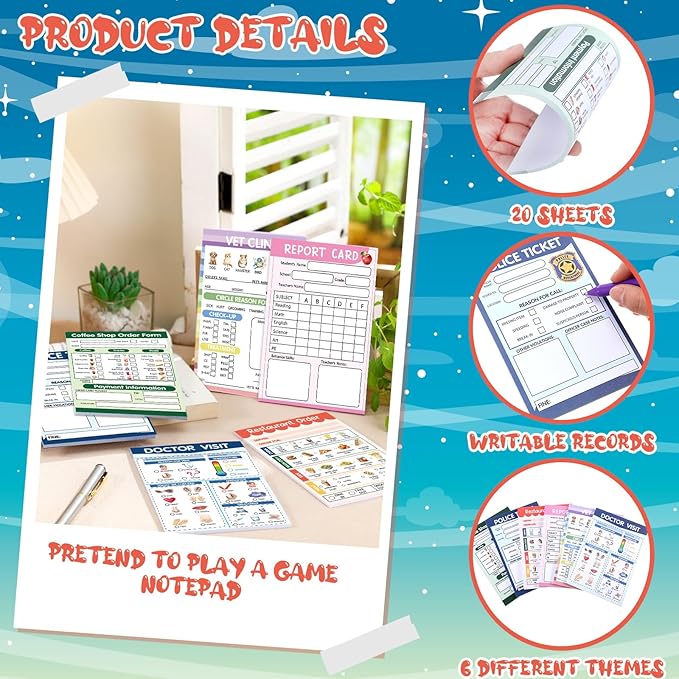 Eaasty 6 Pcs Kids Pretend Play Notepads for Kids Pretend Play Imaginative Role Playtime Bundle Include Doctor Police Teacher Vet Coffee Restaurant