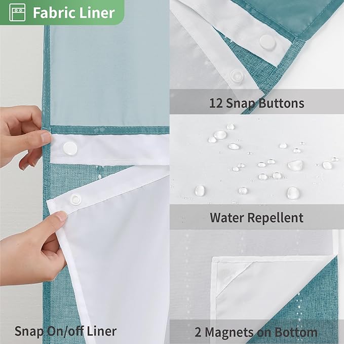 No Hook Extra Long Shower Curtain Set with Snap-in Liner,Linen Textured Thick Striped Fabric with Tassels,Boho Chic Modern Farmhouse Bathroom Curtain,Water-Repellent,Teal,71x86