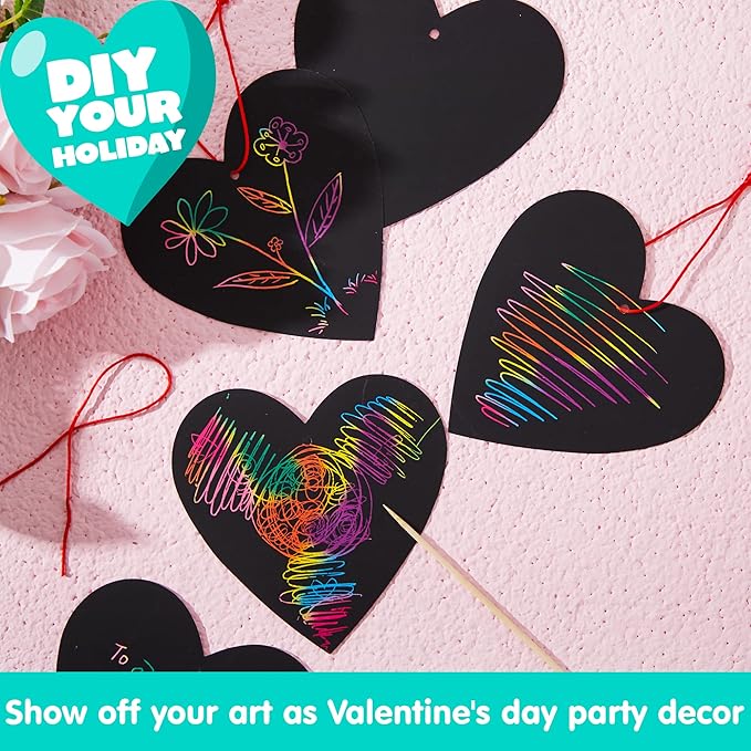 JOYIN 36 Packs Valentines Day Gifts Cards for Kids Magic Color Scratch Heart Rainbow Scratch Paper Heart Valentine Crafts and Art for Kids Classroom Exchange Create Rainbow Art Without Ink